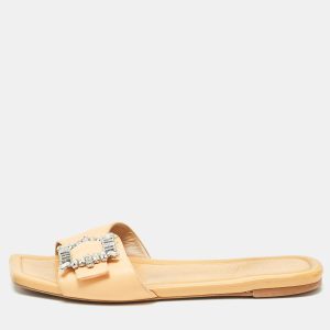 Stuart Weitzman Light Orange Leather Crystal Embellished Shine Buckle Flat Slides Size 40, Flats - Luxury Closet catalog