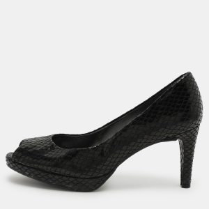 Stuart Weitzman Black Python Embossed Leather Peep Toe Pumps Size 39.5, Pumps - Luxury Closet catalog