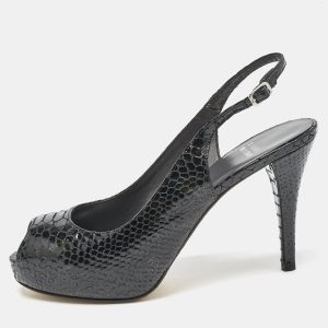 Stuart Weitzman Black Python Embossed Leather Peep Toe Slingback Pumps Size 39.5, Pumps - Luxury Closet catalog