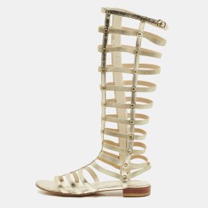 Stuart Weitzman Metallic Gold Leather And Elastic Gladiator Flat Sandals Size 37, Sandals - Luxury Closet catalog