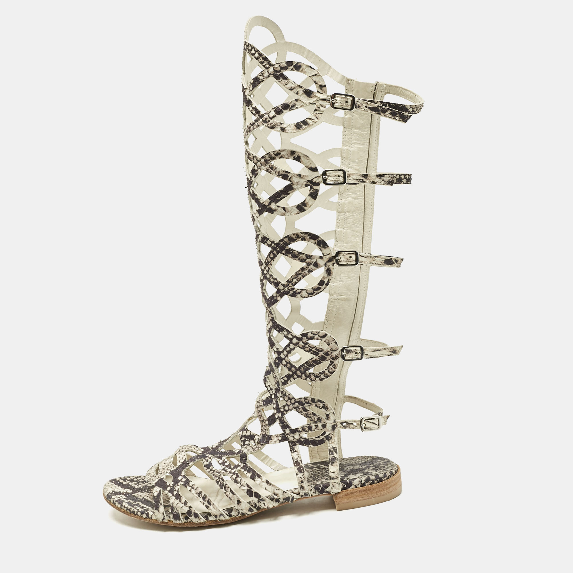 Stuart Weitzman Beige?Cream Snakeskin Embossed Leather Gladiator Flat Sandals Size 36, Sandals - Luxury Closet catalog