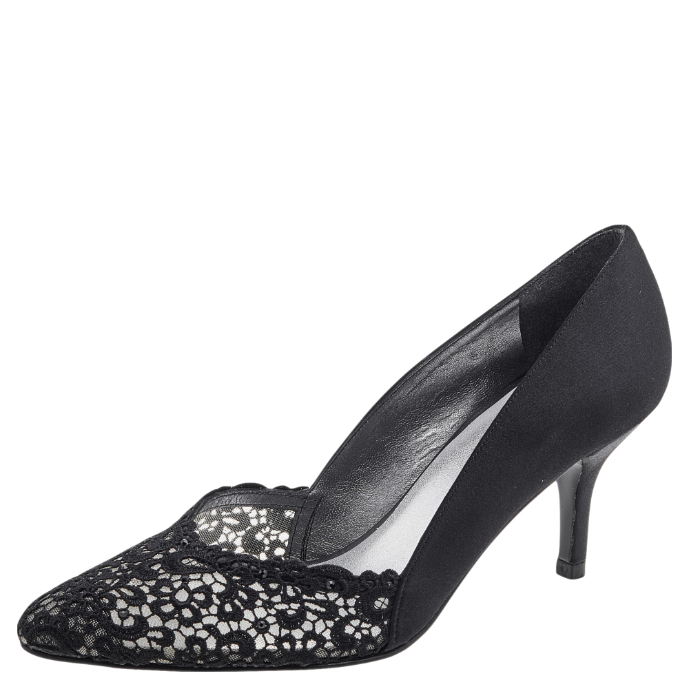 Stuart Weitzman Black Satin and Lace Almond Toe Pumps Size 38, Pumps - Luxury Closet catalog