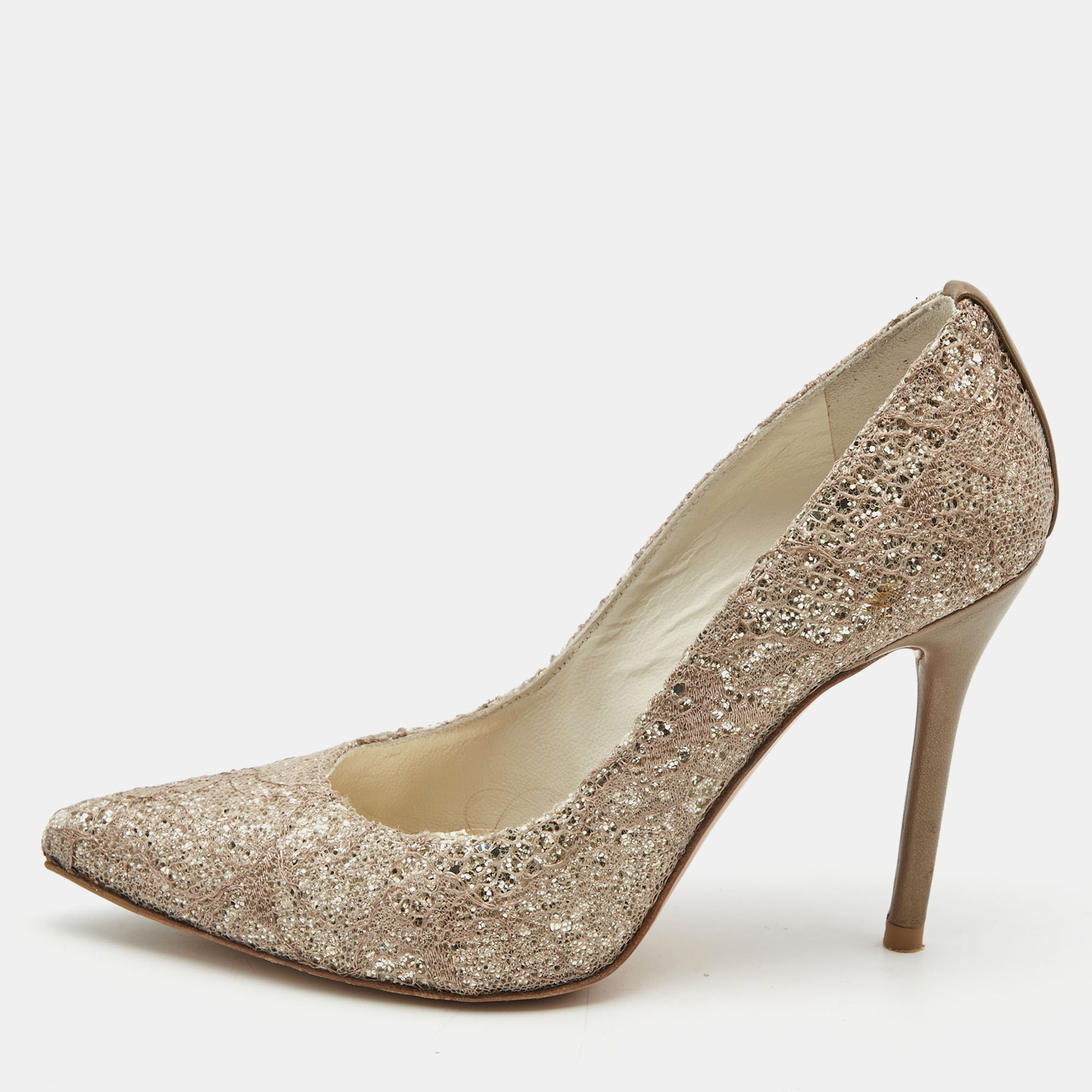 Stuart Weitzman Metallic Bronze/Brown Leather and Glitter Pointed Toe Pumps Size 35, Pumps - Luxury Closet catalog