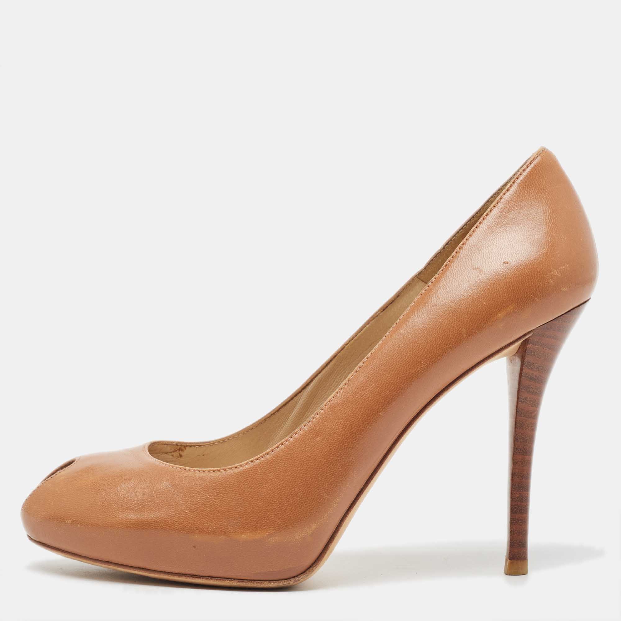 Stuart Weitzman Brown Leather Peep Toe Pumps Size 38.5, Pumps - Luxury Closet catalog