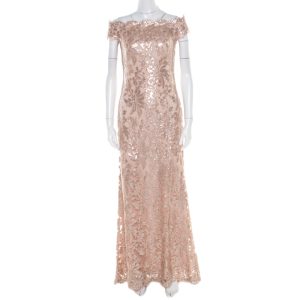 Tadashi Shoji Blush Pink Sequined Off Shoulder Evening Gown S, Dresses - Luxury Closet catalog