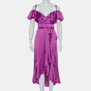 Temperley Purple Satin Ruffled Cold Shoulder Belted Faux Wrap Midi Dress M, Dresses - Luxury Closet catalog