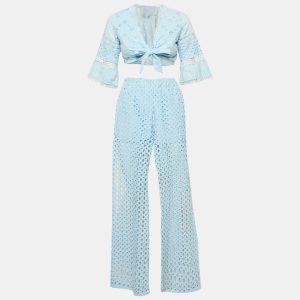 Temptation Positano Blue Broderie Anglaise Wrap top and Pants Set XS, Suits - Luxury Closet catalog