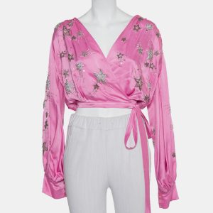 Attico Pink Satin Bead Embellished Wrap Blouse S, Shirts & Tops - Luxury Closet catalog
