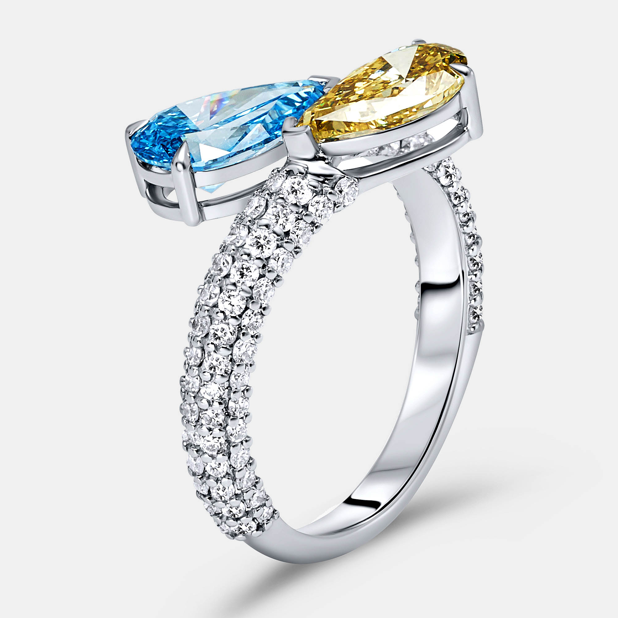 3 cts Fancy Color Pear and Round Lab Grown Diamond 18k White Gold Ring Size 51, Rings - Luxury Closet