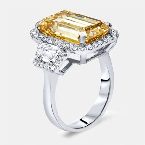 11.6 cts Yellow Emerald Cut and Round Lab Grown Diamond 18k White Gold Ring Size 53, Rings - Luxury Closet
