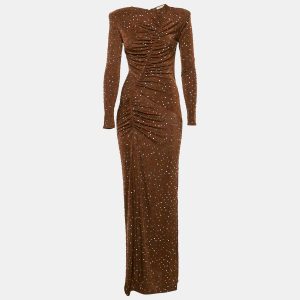 The New Arrivals By Ilkyaz Ozel Brown Jersey Rhinestone Detail Ruche Maxi Dress XS, Dresses - Luxury Closet catalog