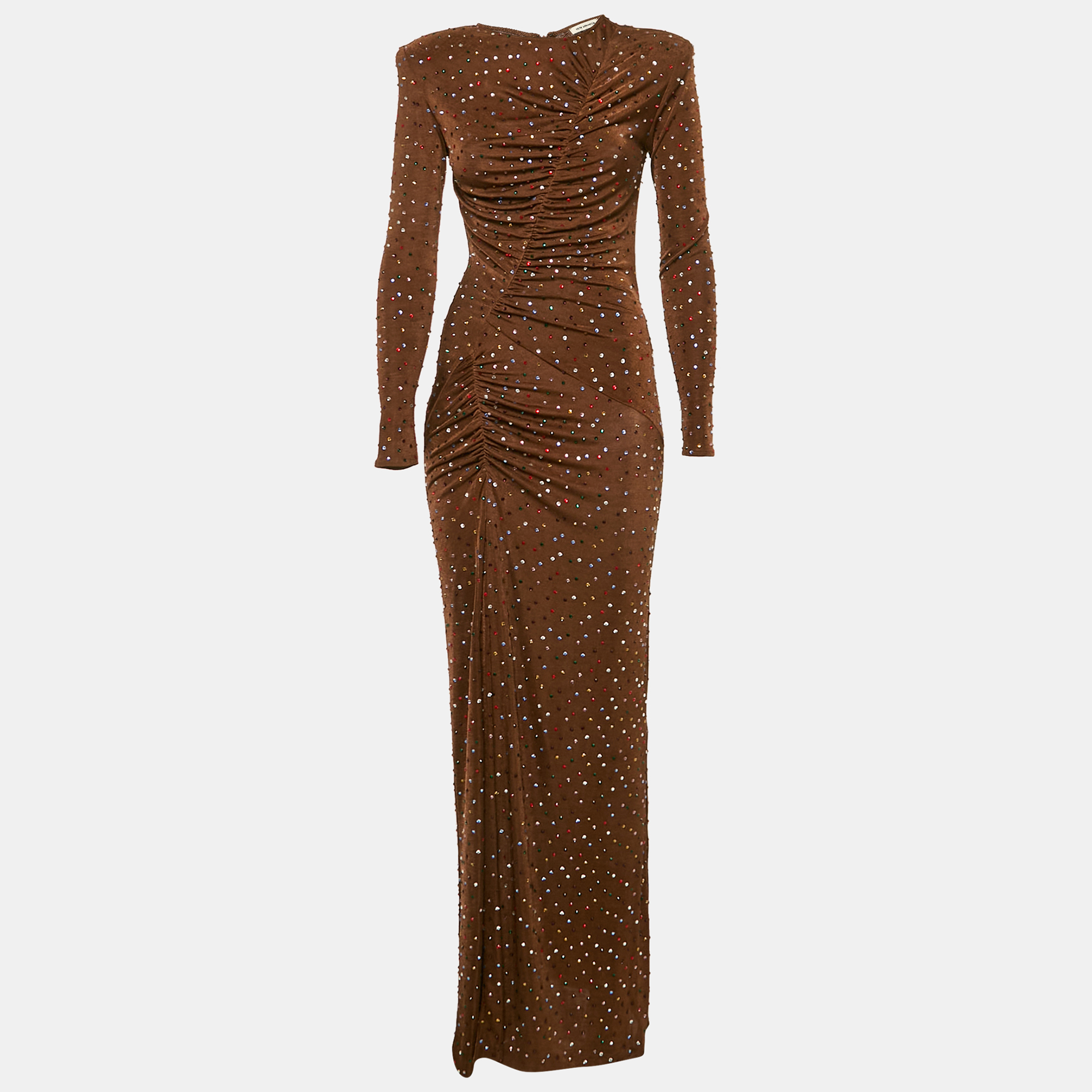 The New Arrivals By Ilkyaz Ozel Brown Jersey Rhinestone Detail Ruche Maxi Dress XS, Dresses - Luxury Closet catalog