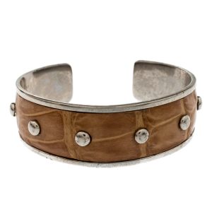 Tod's Tan Embossed Leather Studded Silver Tone Narrow Cuff Bracelet, Jewelry - Luxury Closet catalog
