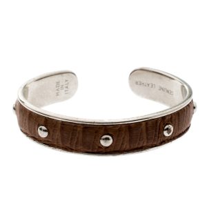 Tod's Brown Embossed Leather Silver Tone Studded Narrow Cuff, Jewelry - Luxury Closet catalog
