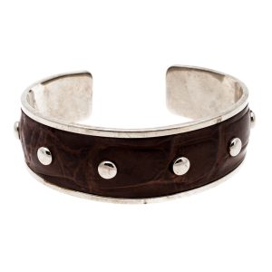 Tod's Dark Brown Embossed Leather Studded Silver Tone Narrow Cuff Bracelet, Jewelry - Luxury Closet catalog