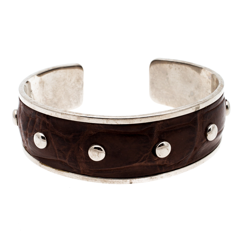 Tod's Dark Brown Embossed Leather Studded Silver Tone Narrow Cuff Bracelet, Jewelry - Luxury Closet catalog