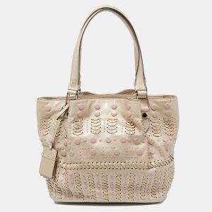 Tod's Metallic Beige Leather Studded Flower Tote, Tote Handbags - Luxury Closet catalog