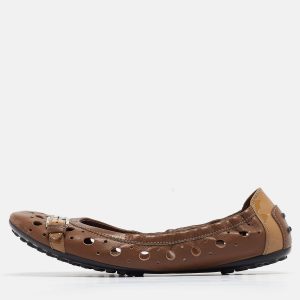 Tod's Brown Laser Cut Leather Scrunch Ballet Flats Size 37.5, Flats - Luxury Closet catalog
