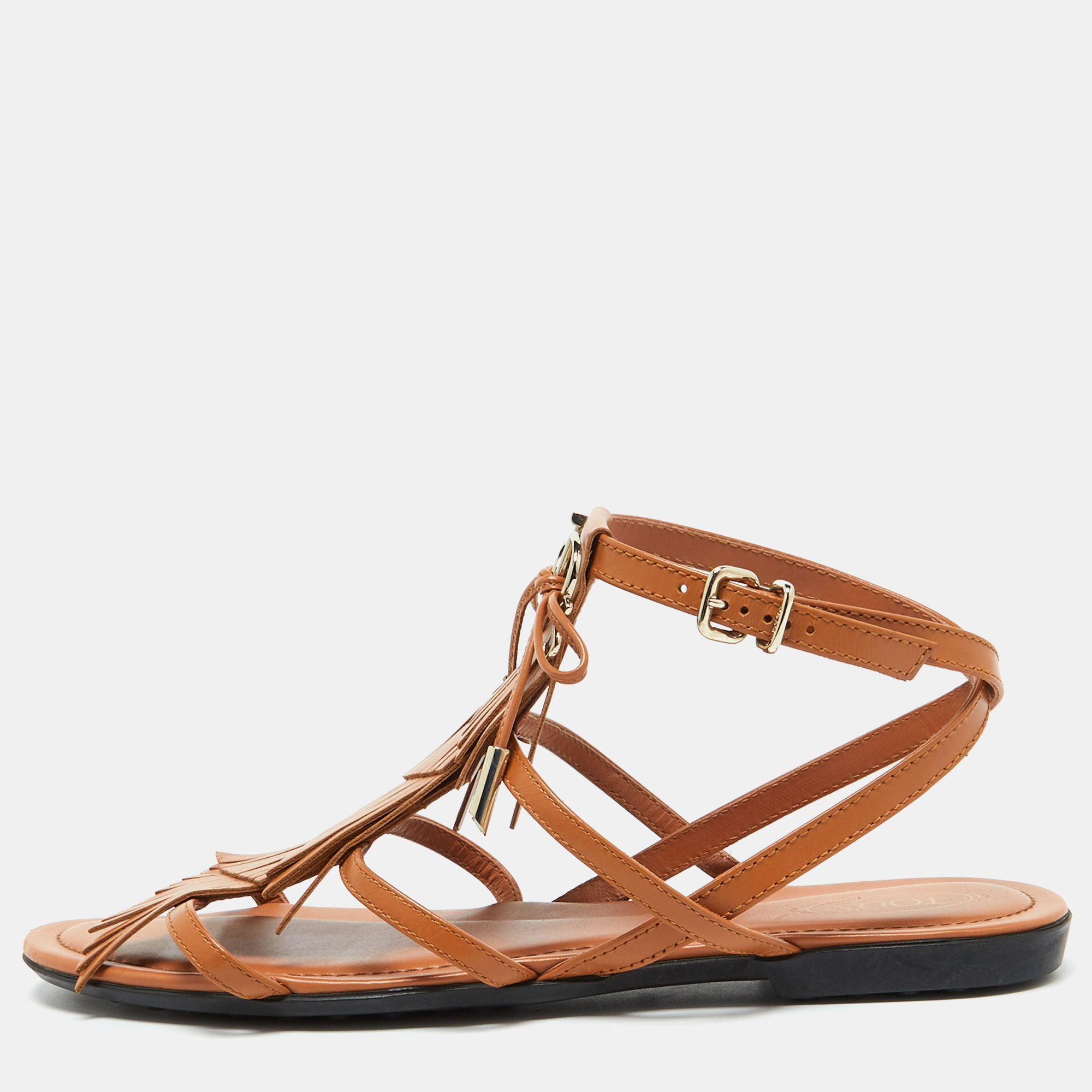 Tod's Tan Leather Fringe Logo Bow Flat Sandals Size 38.5, Sandals - Luxury Closet catalog
