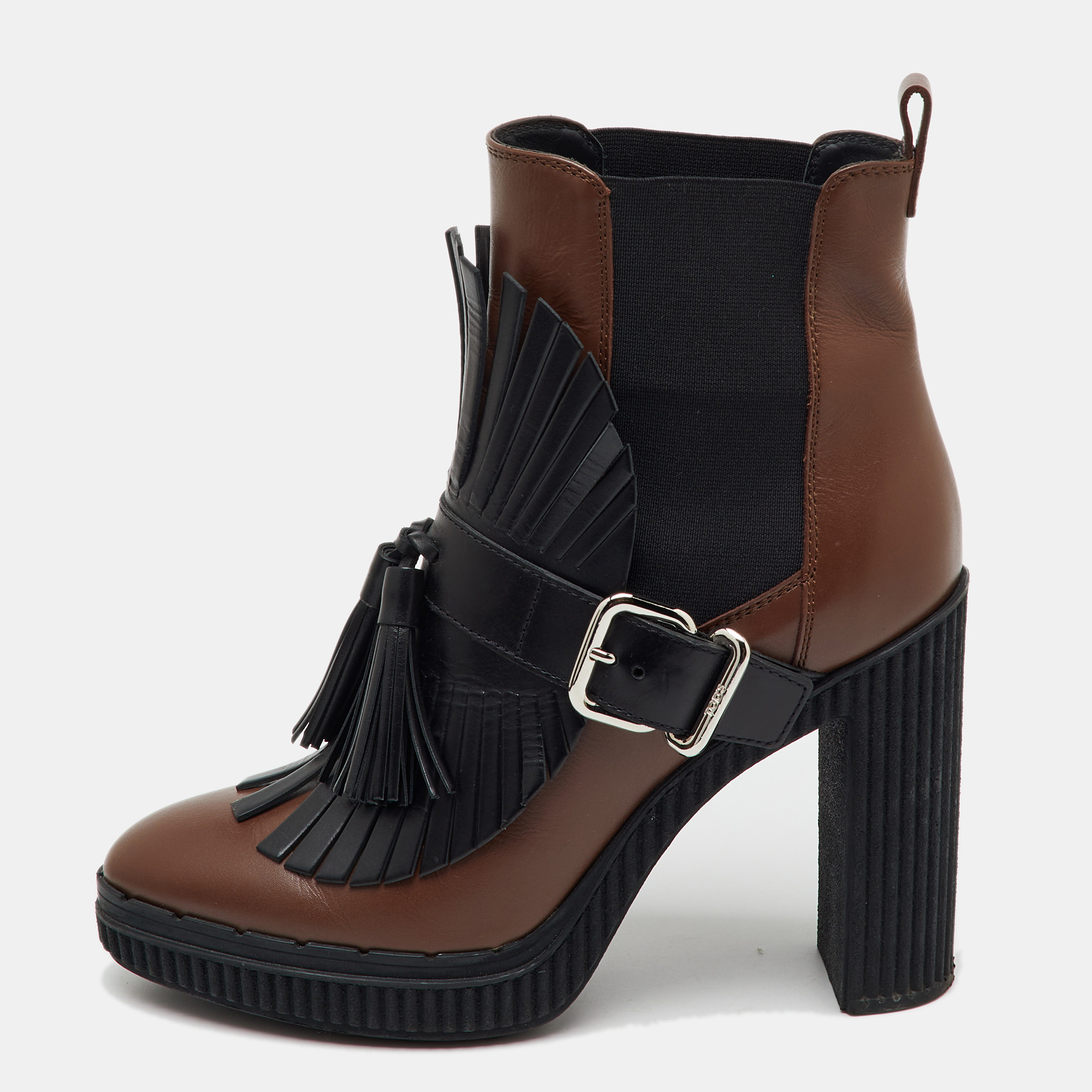 Tod's Brown/Black Leather Tassel Ankle Length Boots Size 37, Boots - Luxury Closet catalog
