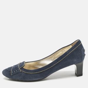 Tod's Navy Blue Suede Block Heel Pumps Size 38.5, Pumps - Luxury Closet catalog