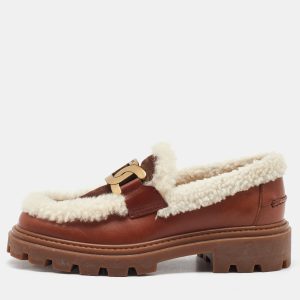 Tod's Brown/Off White Leather and Shearling Fur Kate Slip On Loafers Size 36.5, Loafers & Slip-Ons - Luxury Closet catalog