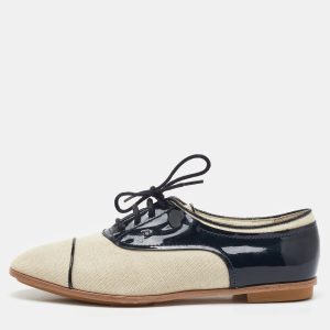 Tod&rsquo;s Beige/Navy Blue Canvas and Patent Leather Lace Up Oxford Size 38, Shoes - Luxury Closet catalog