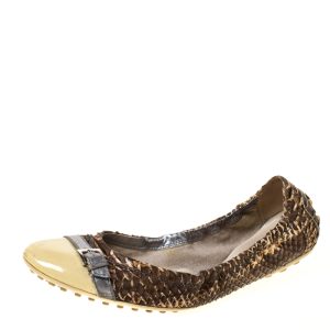 Tod's Brown/Cream Python and Patent Leather Cap Toe Buckle Scrunch Ballet Flats Size 38, Flats - Luxury Closet catalog