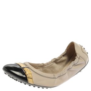 Tod's Beige/Black Leather And Patent Leather Cap Toe Buckle Detail Scrunch Ballet Flats Size 38, Flats - Luxury Closet catalog