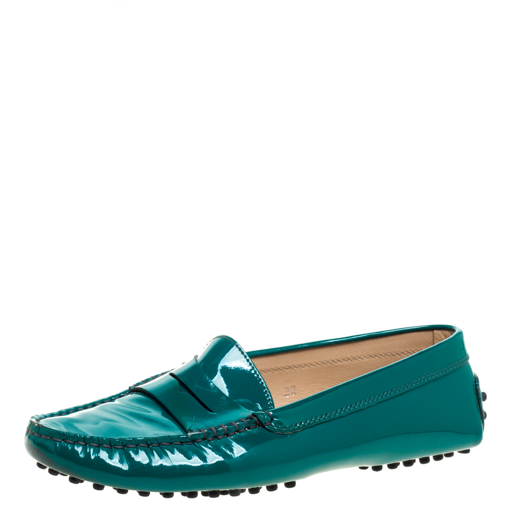 Tod's Green Patent Leather Gommini Penny Loafers Size 36, Flats - Luxury Closet catalog