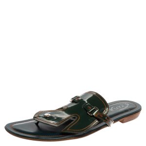 Tod's Green Patent Leather Buckle Detail Thong Flats Size 40.5, Flats - Luxury Closet catalog