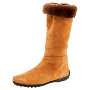 Tod's Yellow/Brown Suede And Fur Calf Length Boots Size 37.5, Boots - Luxury Closet catalog