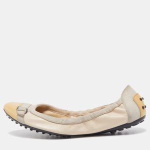 Tod's Beige/Yellow Patent Leather and Suede Cap Toe Scrunch Ballet Flats Size 38.5, Flats - Luxury Closet catalog