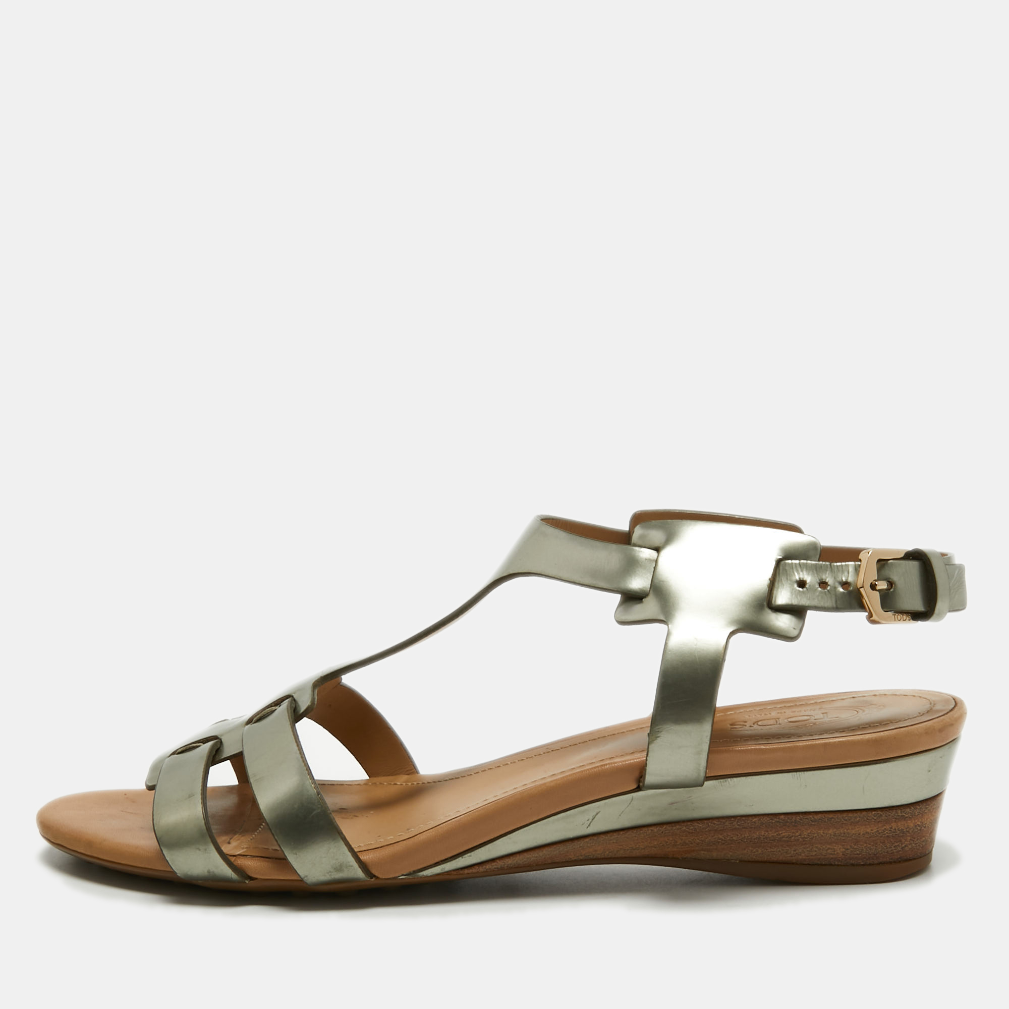 Tod's Metallic Leather Wedge Ankle Strap Sandals Size 36.5, Sandals - Luxury Closet catalog
