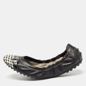 Tod's Black/White Leather Bow Detail Scrunch Ballet Flats  Size 37.5, Flats - Luxury Closet catalog