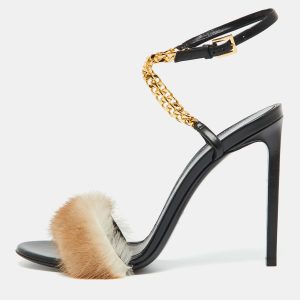Tom Ford Beige/Black Mink Fur and Leather Ankle Strap Sandals Size 41, Sandals - Luxury Closet catalog