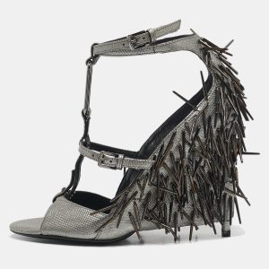 Tom Ford Metallic Grey Leather Embellished Wedge Sandals Size 37, Sandals - Luxury Closet catalog