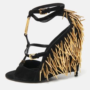 Tom Ford Black Suede Embellished  Ankle Wrap Wedge Sandals Size 37, Sandals - Luxury Closet catalog