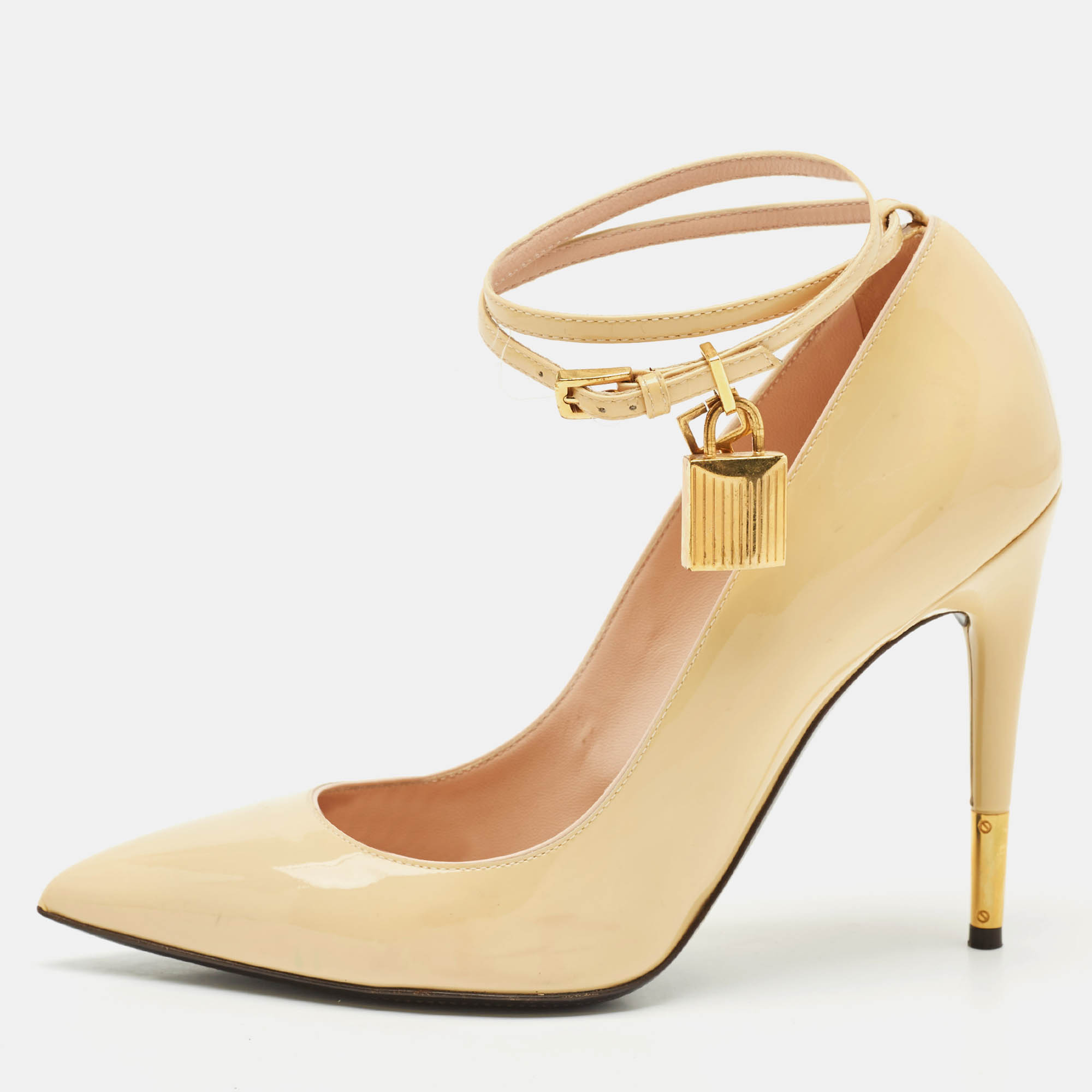 Tom Ford Beige Leather Padlock Ankle Wrap Pumps Size 38, Pumps - Luxury Closet catalog