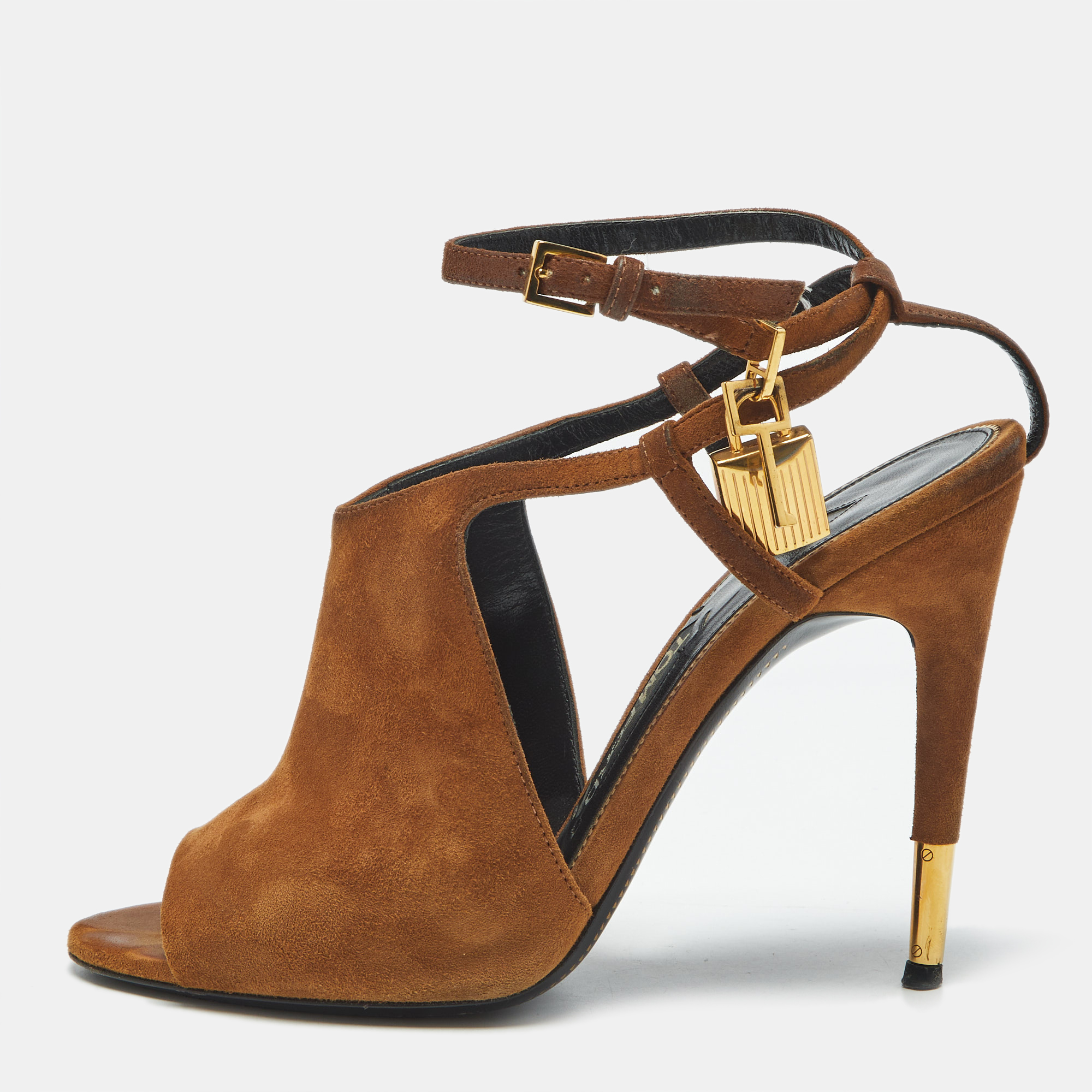 Tom Ford Brown Suede Padlock Ankle Wrap Open Toe Sandals Size 38.5, Sandals - Luxury Closet catalog