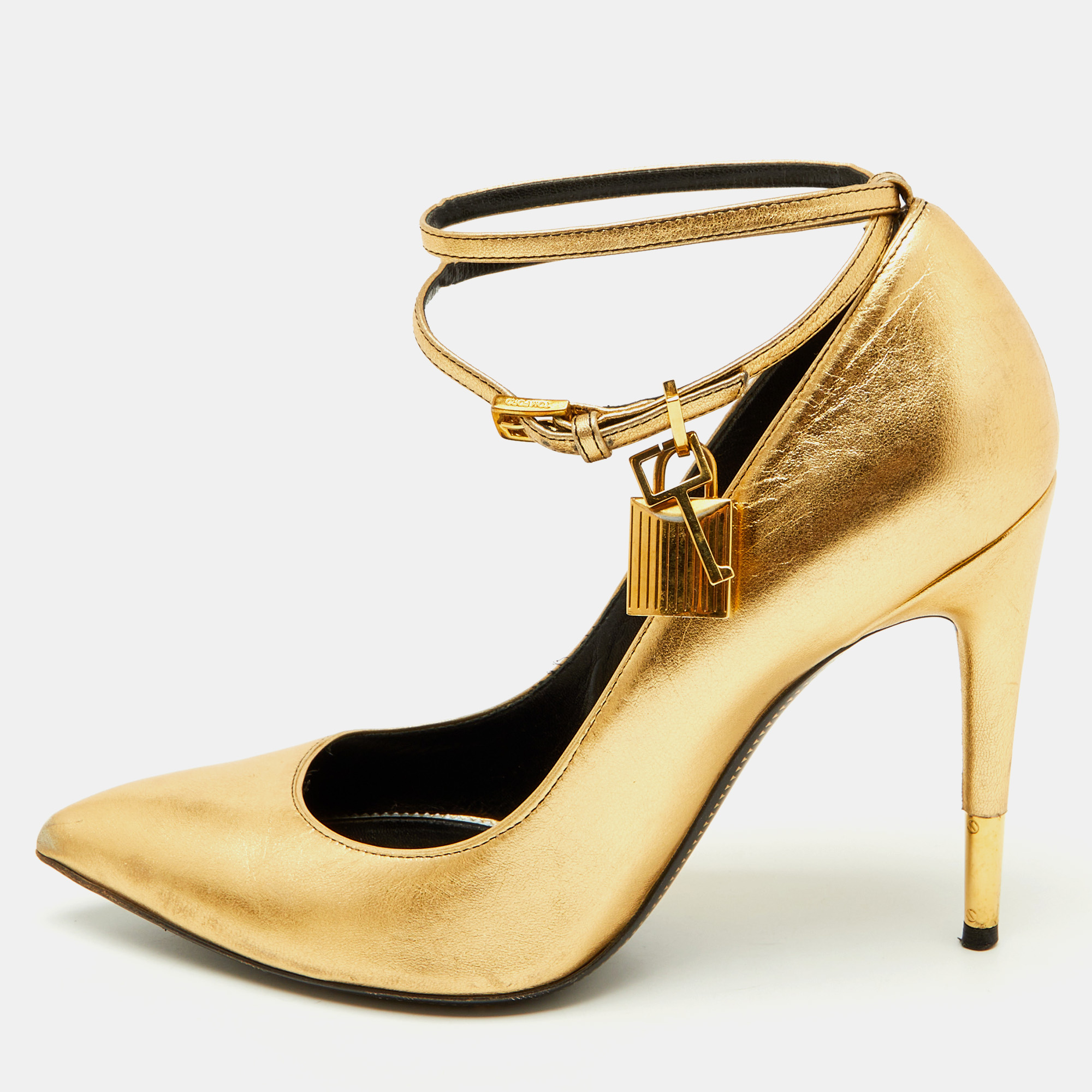 Tom Ford Metallic Gold Leather Padlock Pointed Toe Pumps Size 39, Pumps - Luxury Closet catalog