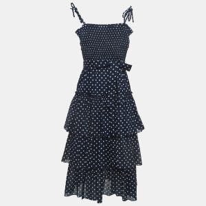Tory Burch Navy Blue Polka-Dot Print Cotton Tiered Dress XS, Dresses - Luxury Closet catalog