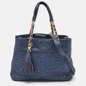 Tory Burch Navy Blue Quilted Leather Small Fleming Tote, Tote Handbags - Luxury Closet catalog