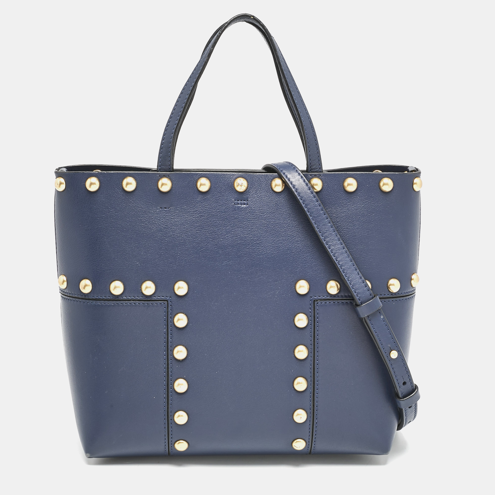 Tory Burch Navy Blue Leather Mini Block-T Stud Tote, Tote Handbags - Luxury Closet catalog