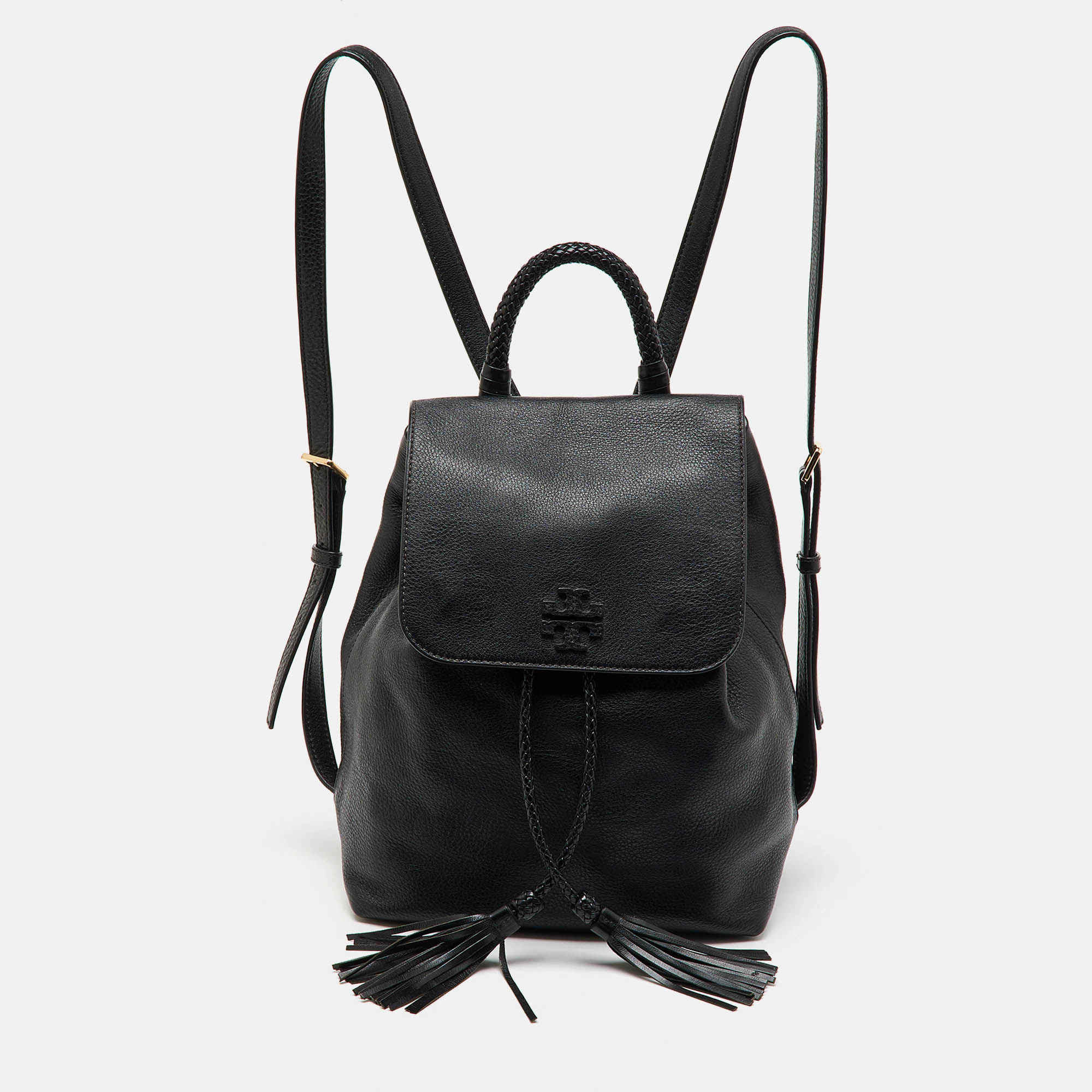 Tory Burch Black Leather Logo Flap Braided Tassel Backpack, Backpacks - Luxury Closet catalog