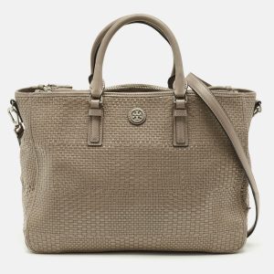 Tory Burch Grey Woven Patent and Leather Robinson Double Zip Tote, Tote Handbags - Luxury Closet catalog