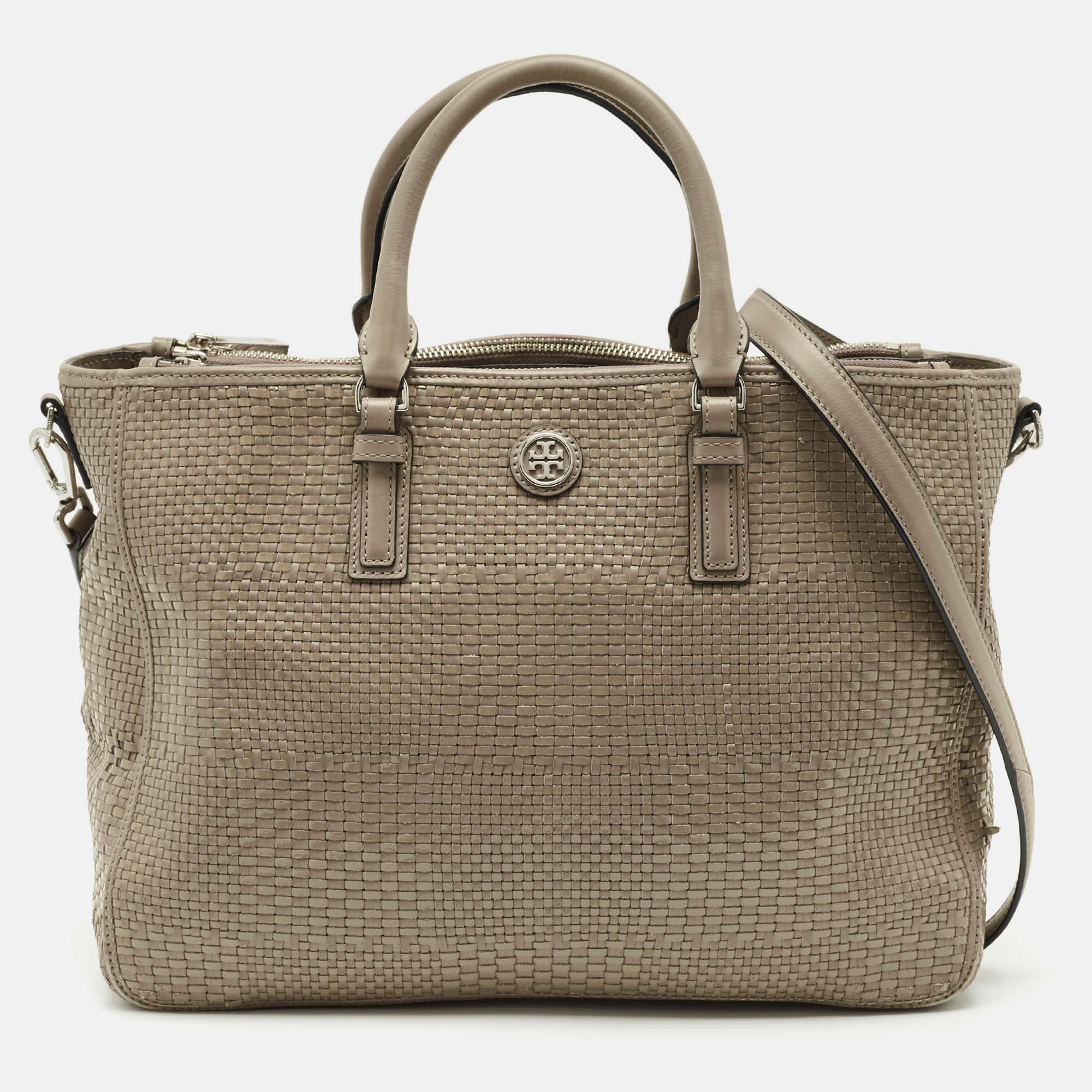 Tory Burch Grey Woven Patent and Leather Robinson Double Zip Tote, Tote Handbags - Luxury Closet catalog