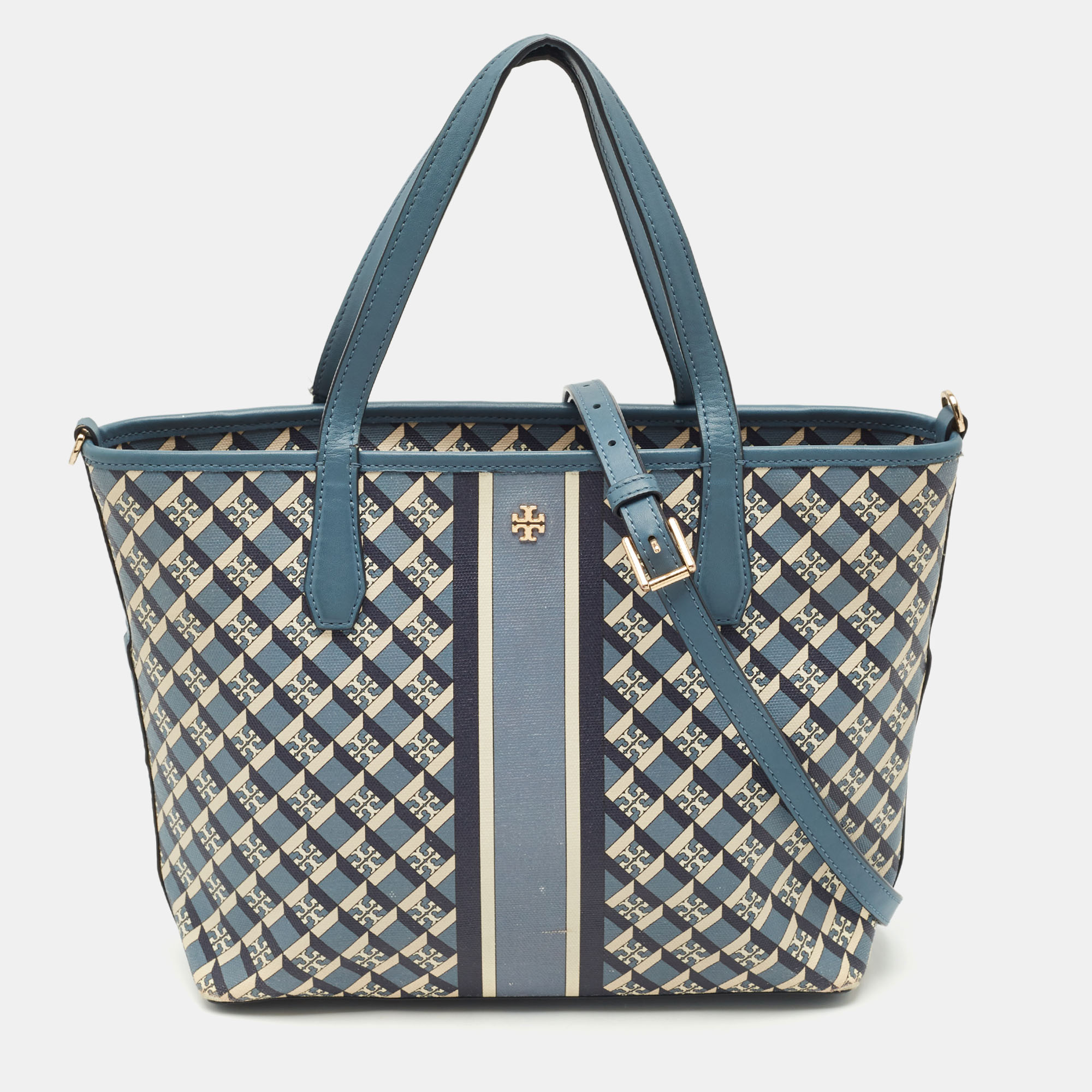 Tory Burch Blue/White Coated Canvas and Leather Geo Logo Allover Tote, Tote Handbags - Luxury Closet catalog