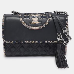 Tory Burch Navy Blue Quilted Leather and Tweed Trim Fleming Shoulder Bag, Shoulder Bags - Luxury Closet catalog
