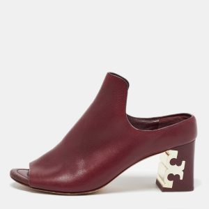 Tory Burch Burgundy Leather Block Heel Mules Size 37.5, Sandals - Luxury Closet catalog